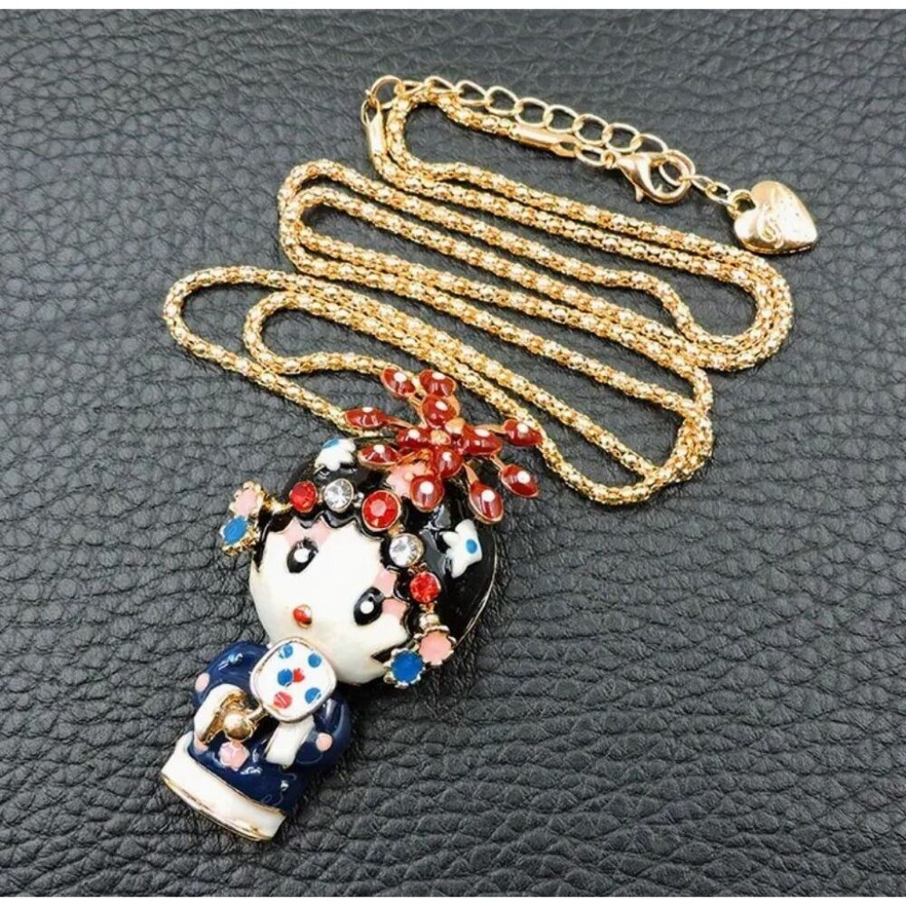Betsey Johnson Necklace Geisha Brooch Pendant Enamel & Gold Tone